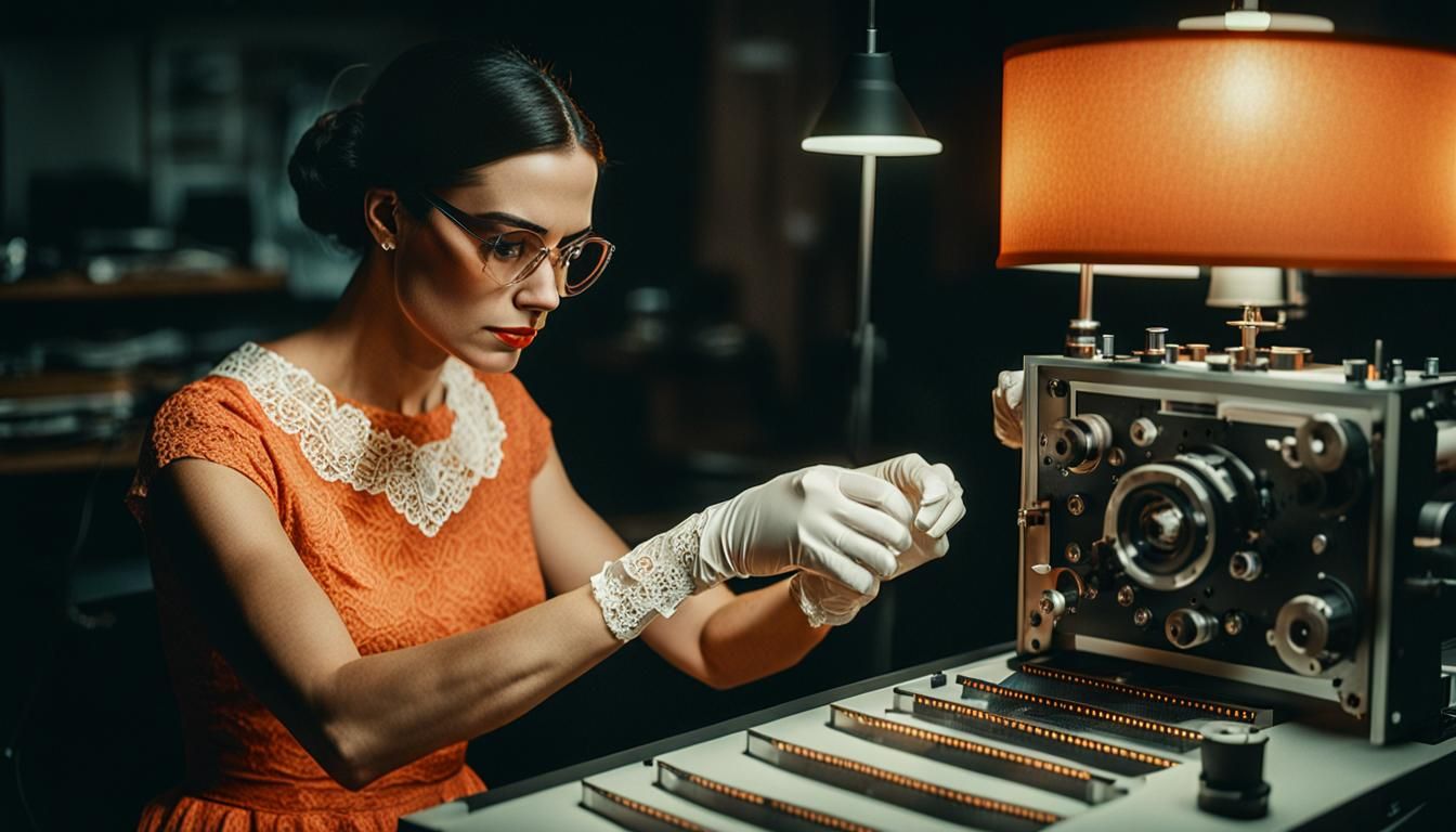 Woman Editing 35mm Film: Cinematic Still in Vintage Style
