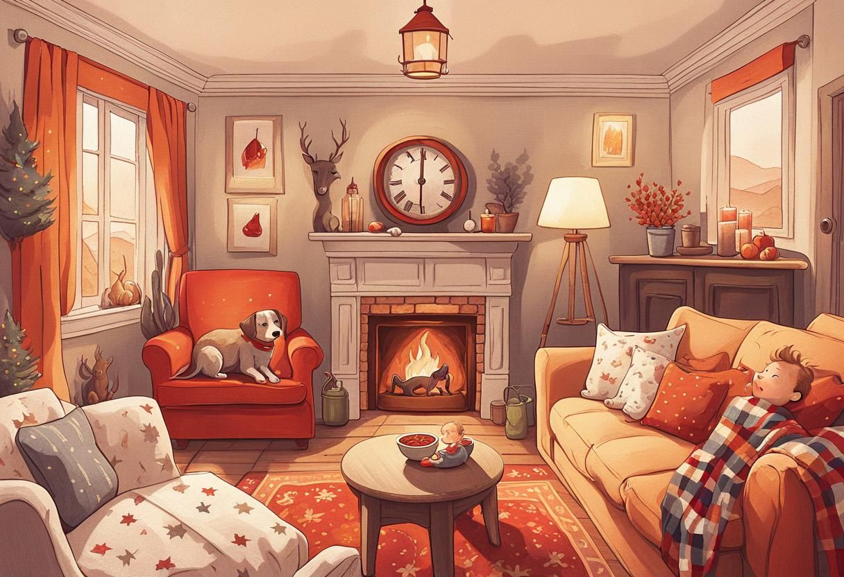 Toddler and Dog by Fireplace: Magical Realism Illustration