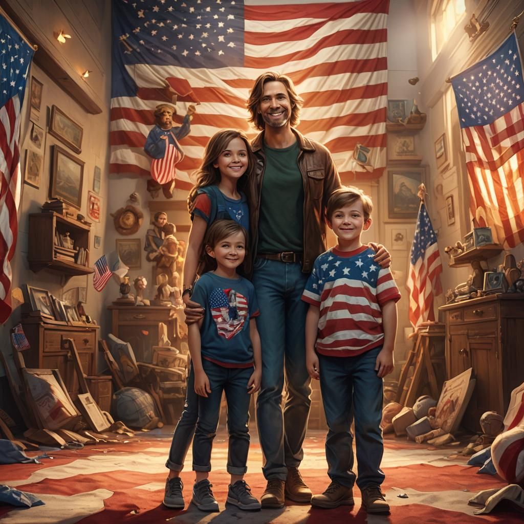Happy Family Portrait with American Flag in Matte Painting S...