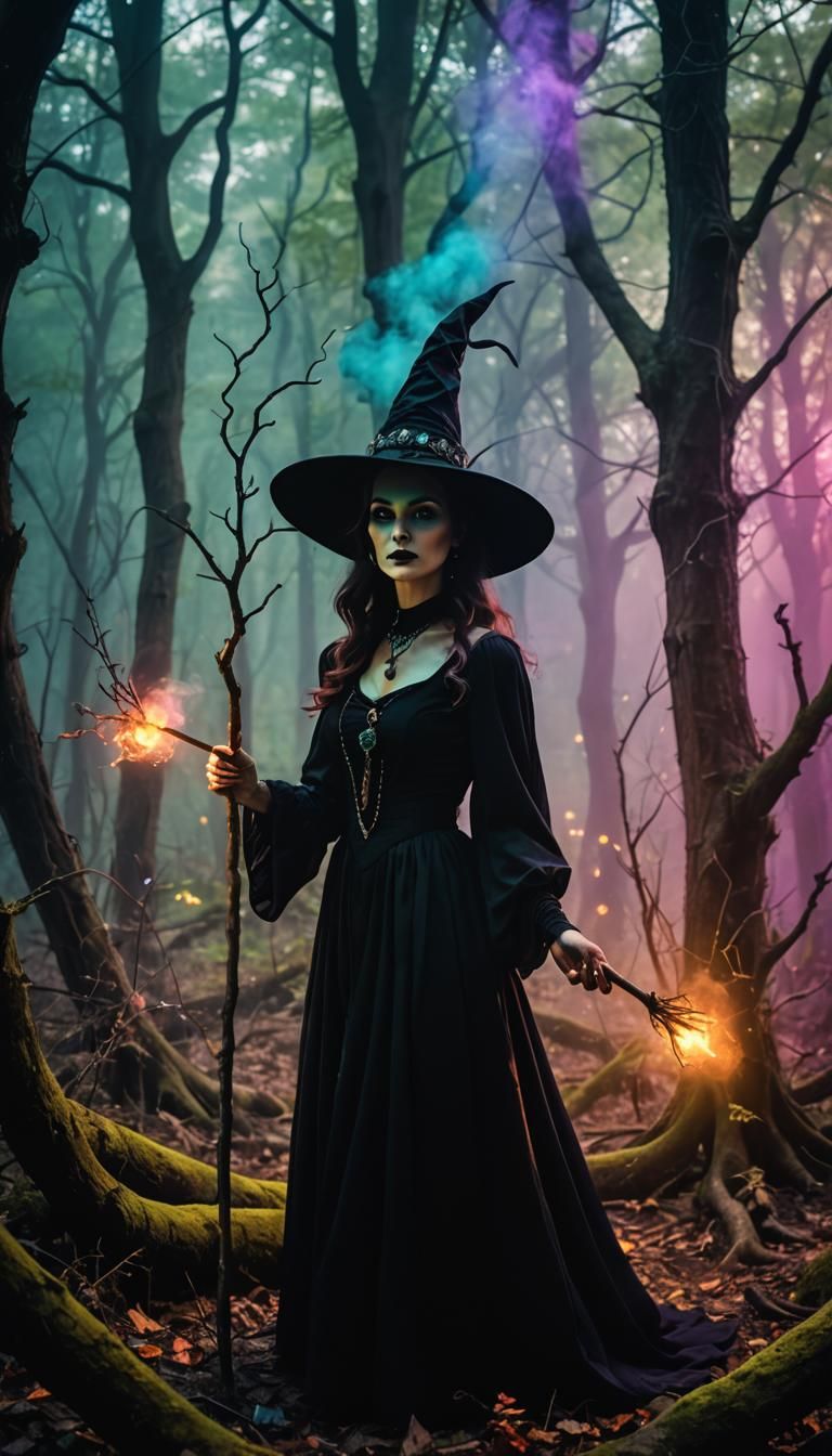 Retro Witch in Mystical Forest with Neon Jewels