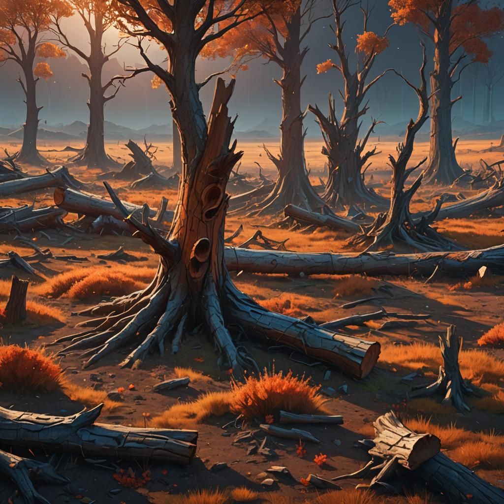 Eerie Forest Landscape with Bloody Tree Trunks