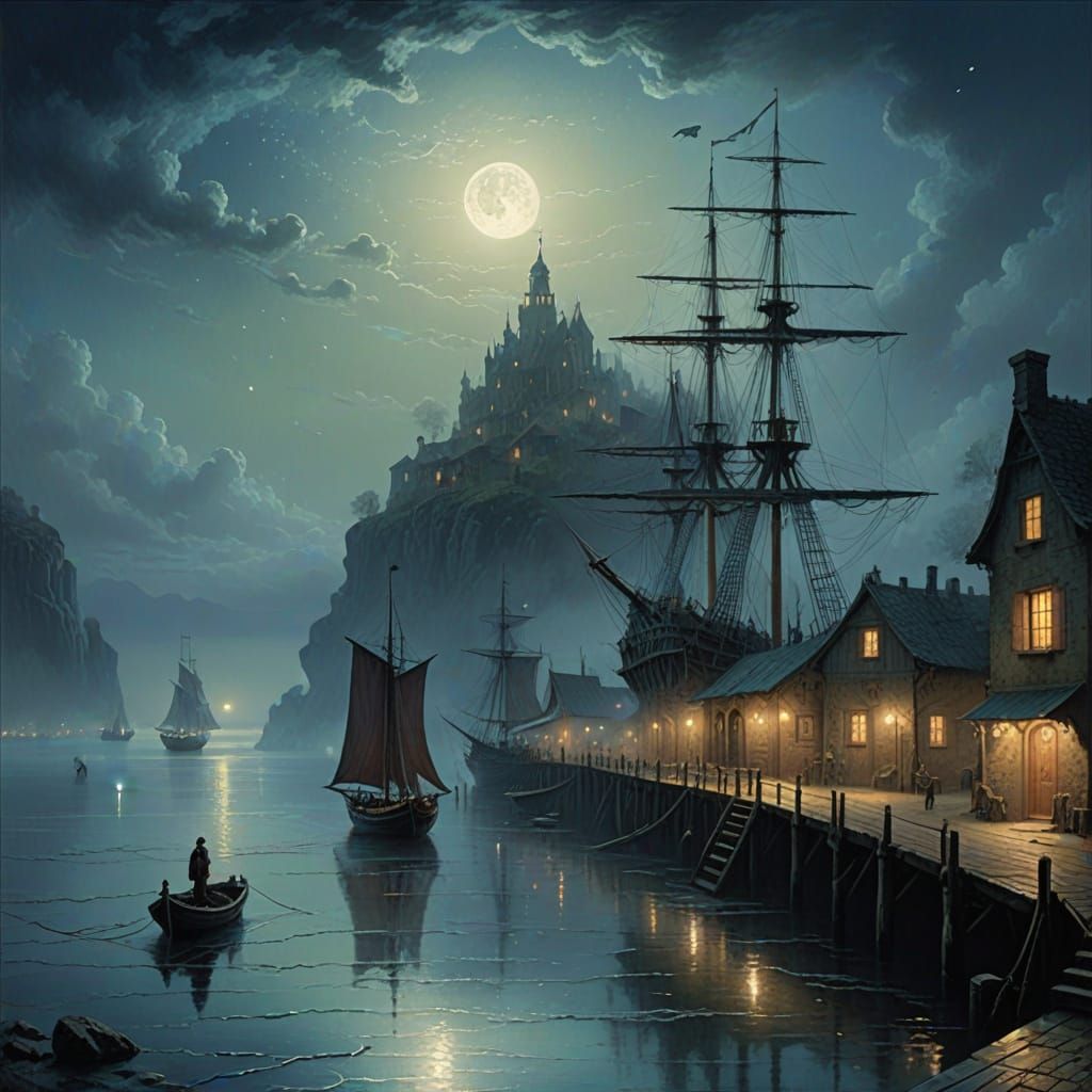 Ethereal Fantasy Pier Scene with Sailing Ship