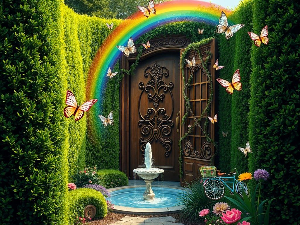 Enchanted Doorway Hidden Within a Lush Hedgerow in a Dreamli...