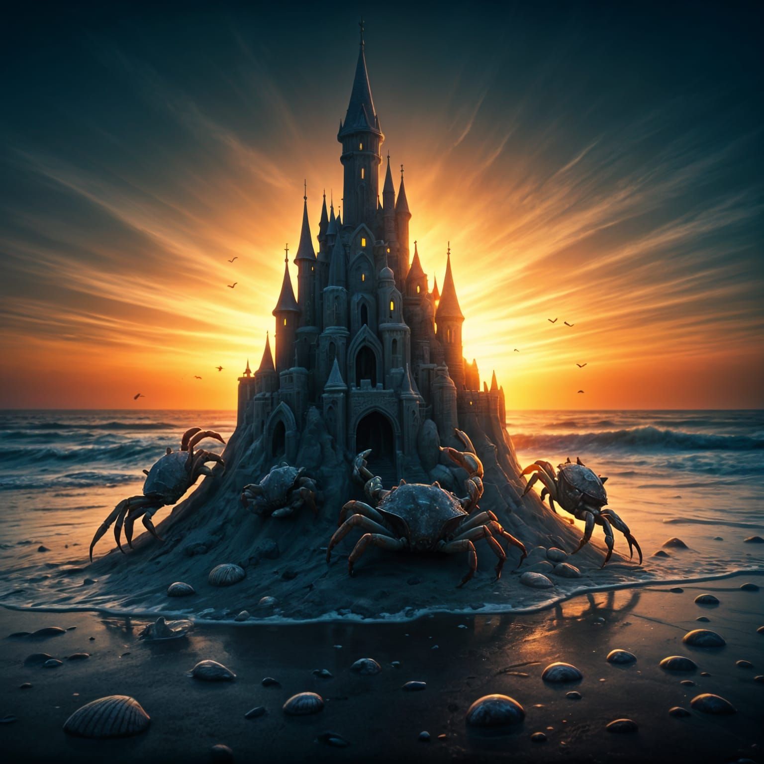 Crabs Build Sandcastle at Sunset: Dark Fantasy Art