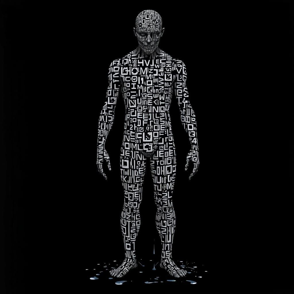 Figure Composed of Glitch Art QR Codes Dissolves into Dark B...