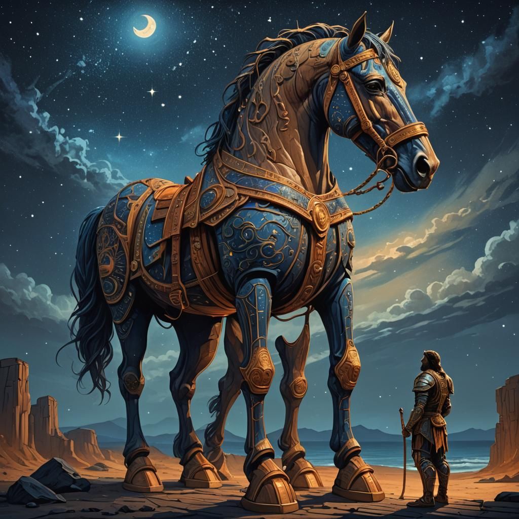 Oddyseus Beside Trojan Horse: Fantasy Art