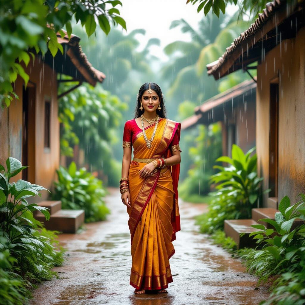 Serene Woman in Indian Village, Classical Painting Style