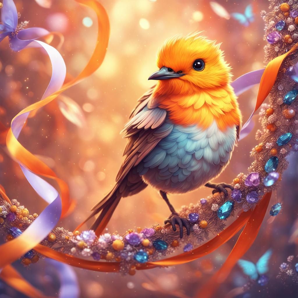 Silk Bird with Ribbons and Glitter, Anime Art