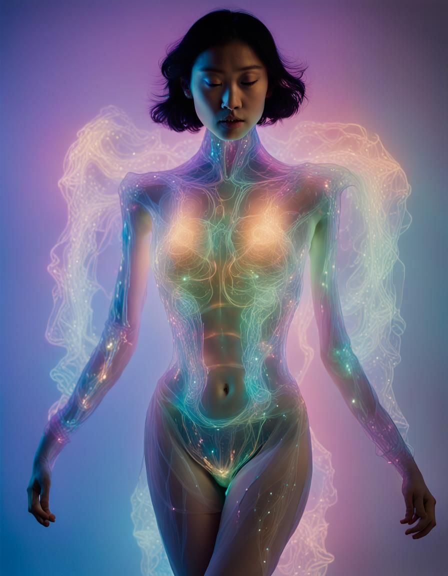 Bioluminescent Circuit Board Humanoid in Eerie Maximalism