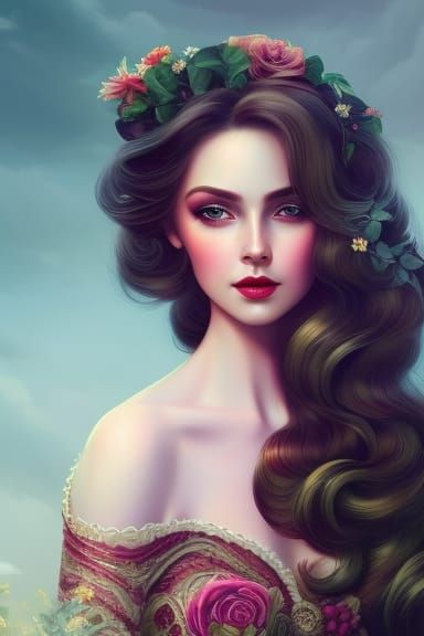 Pale Goddess in Floral Dress: Digital Pop Art