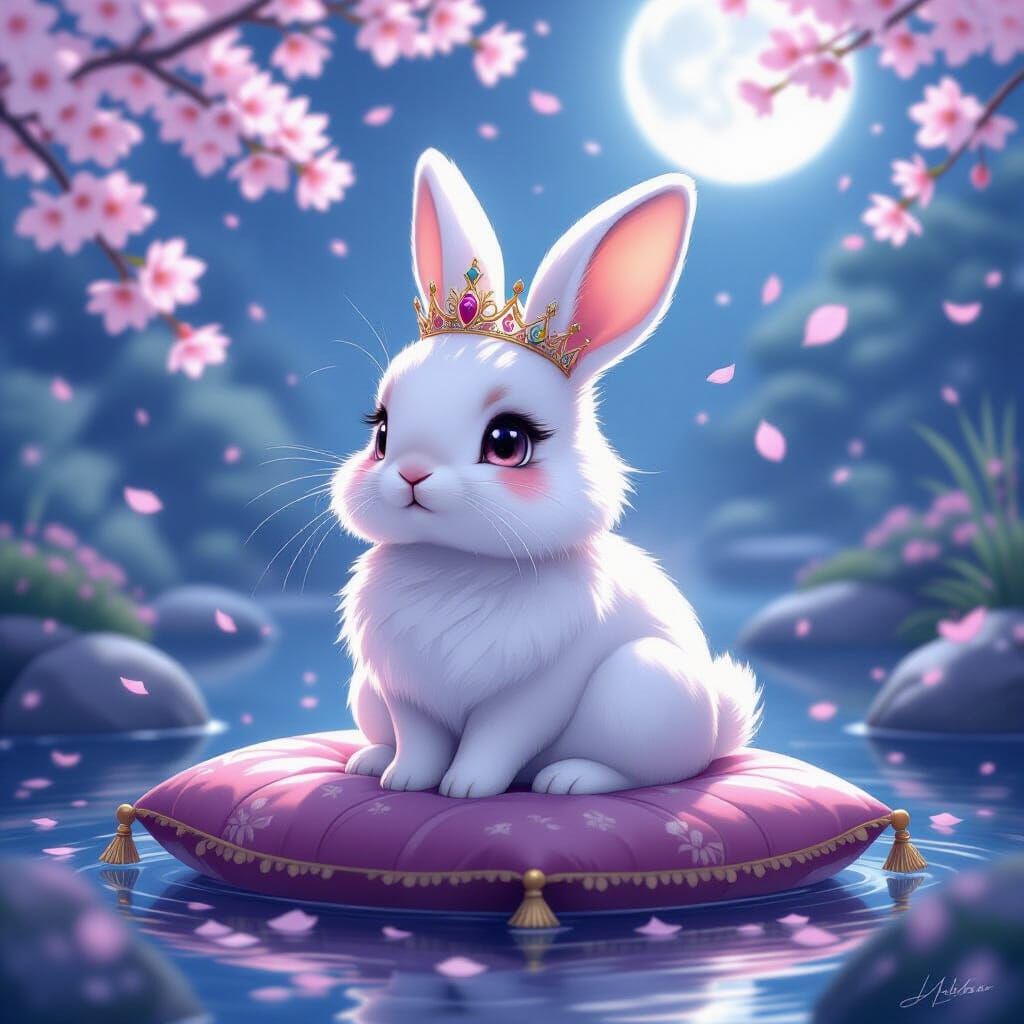 Fluffy Anime Rabbit Queen in Moonlit Garden