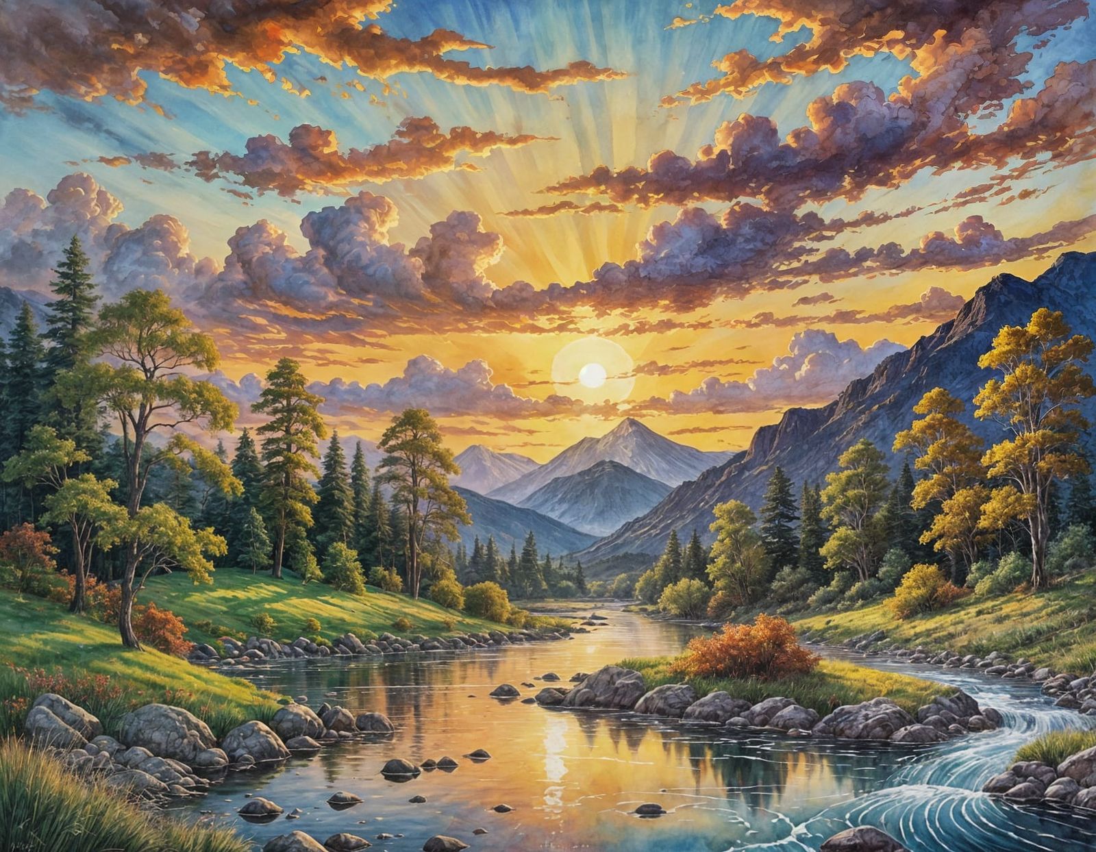 Sunset River Painting in Magical Realism Style