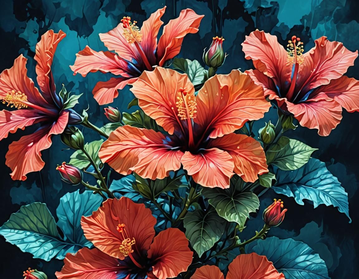 Surreal Tropical Hibiscus Flowers in Alcohol Ink
