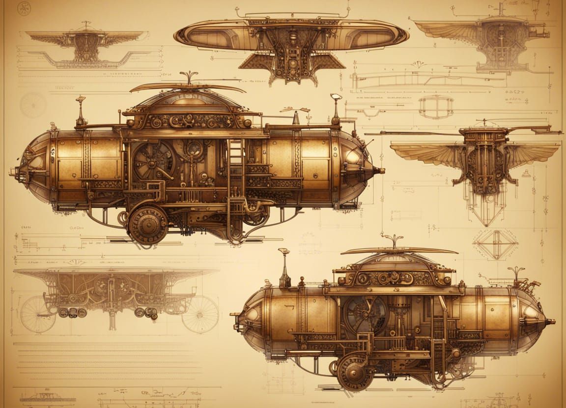 Steampunk Flying Coach Blueprint in Leonardo da Vinci Style