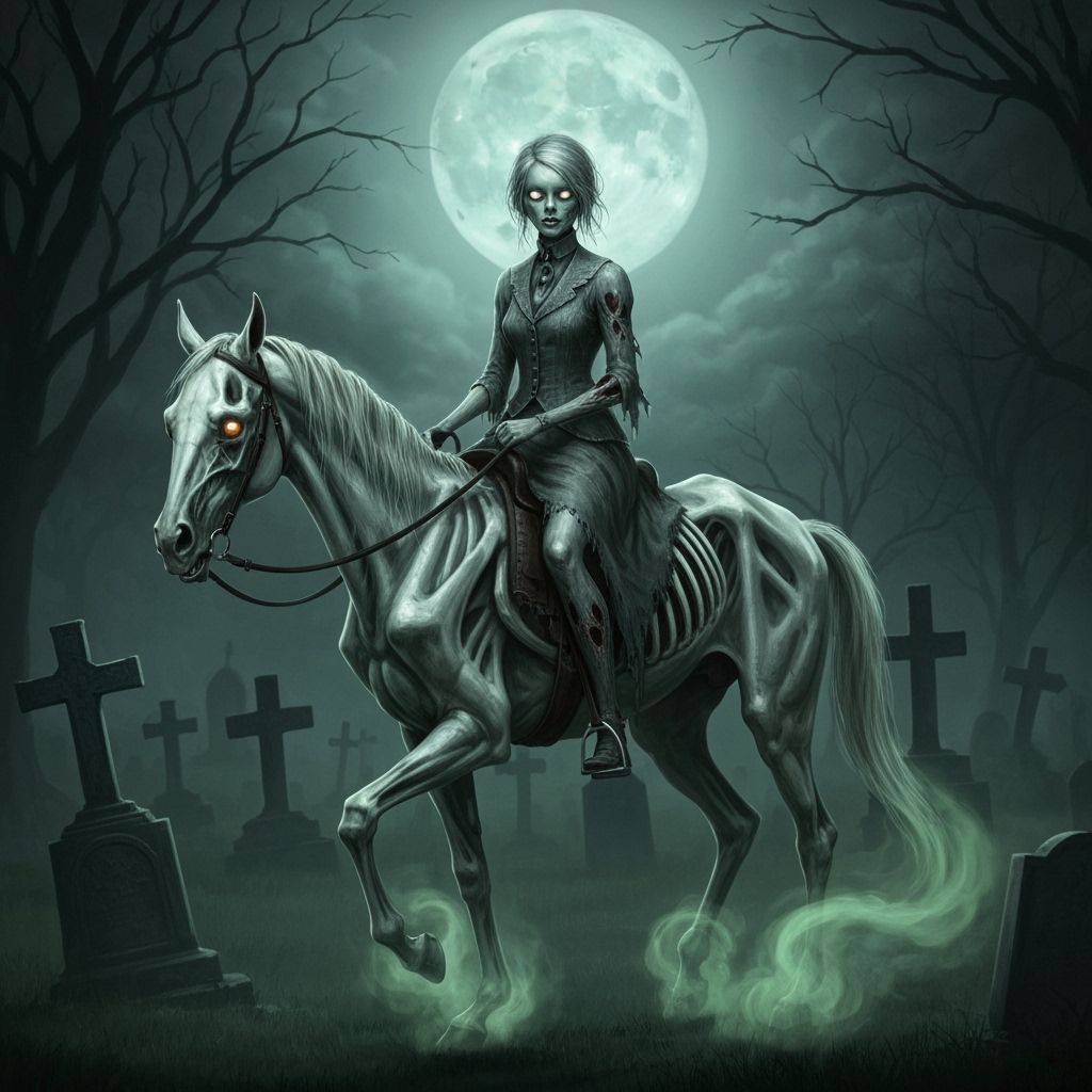 Pale Zombie Girl on Skeletal Horse in Moonlit Graveyard