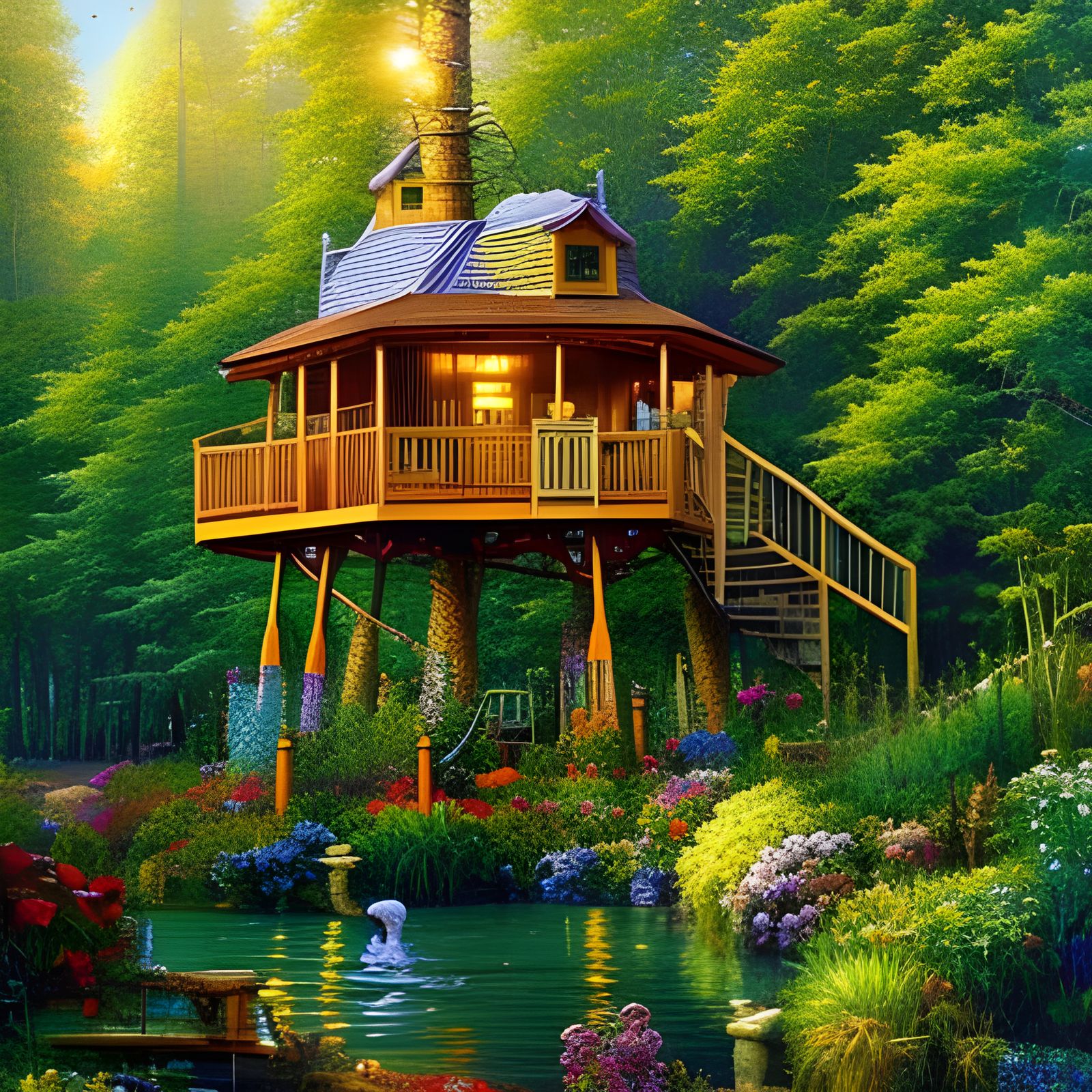 Detailed Treehouse Oil Painting with Flowers