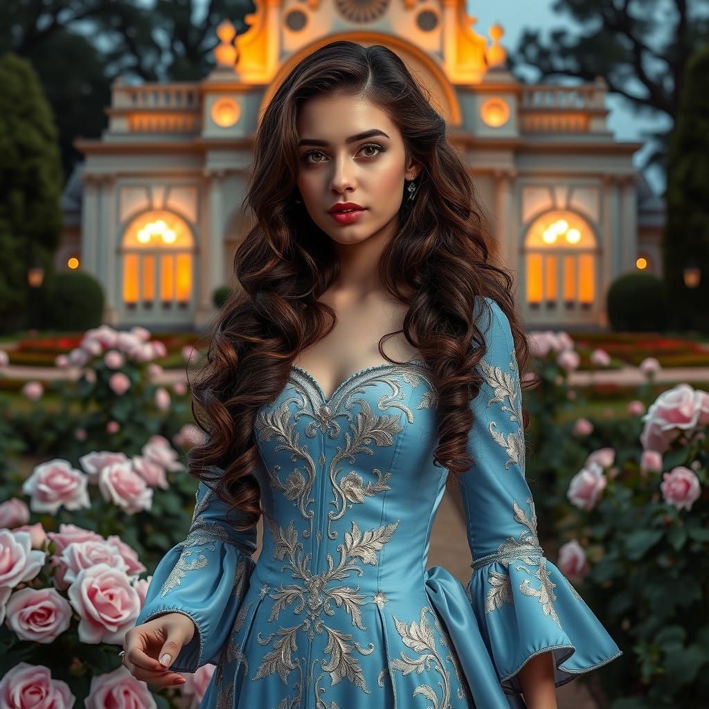 Ethereal Young Woman in Powder Blue Rococo Gown, Amidst a No...