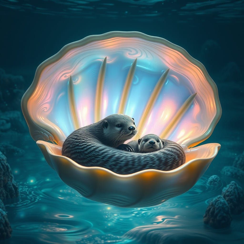 Otter Mother and Baby in Iridescent Clamshell Paradise