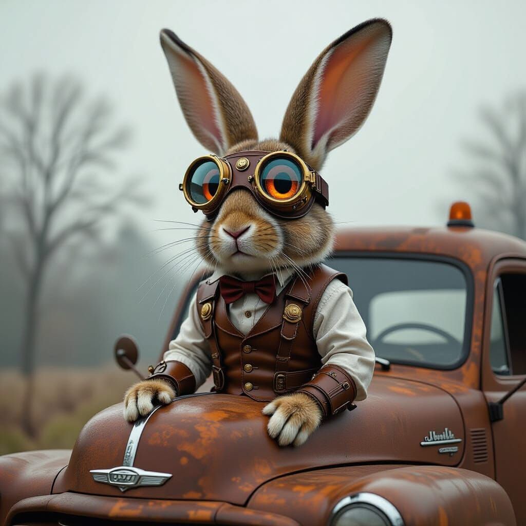 Steampunk Rabbit with Goggles on Vintage Truck