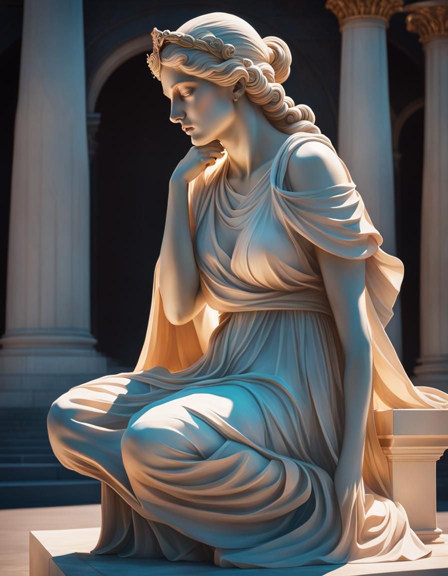 Grieving Woman: Greek Marble Statue in 8K