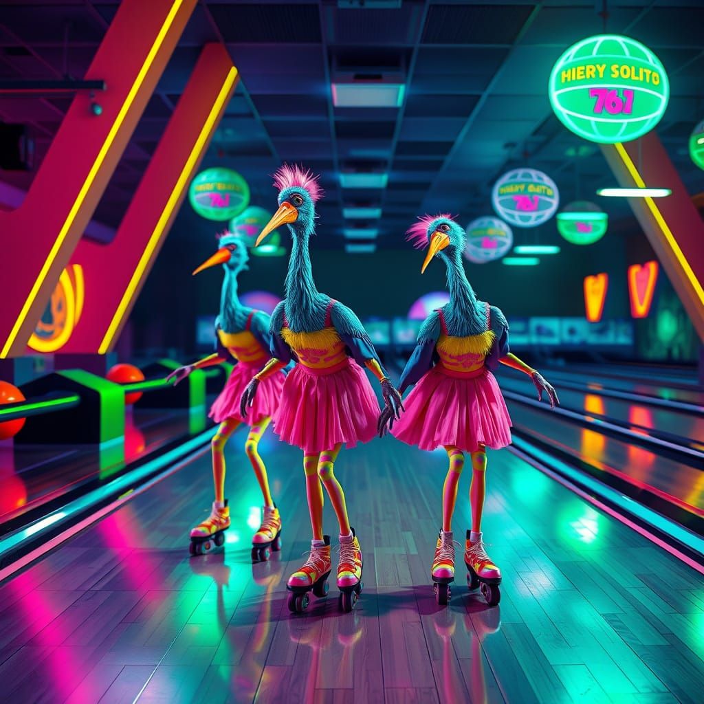 Retro Shoebill Storks Rollerskating in Neon Bowling Alley