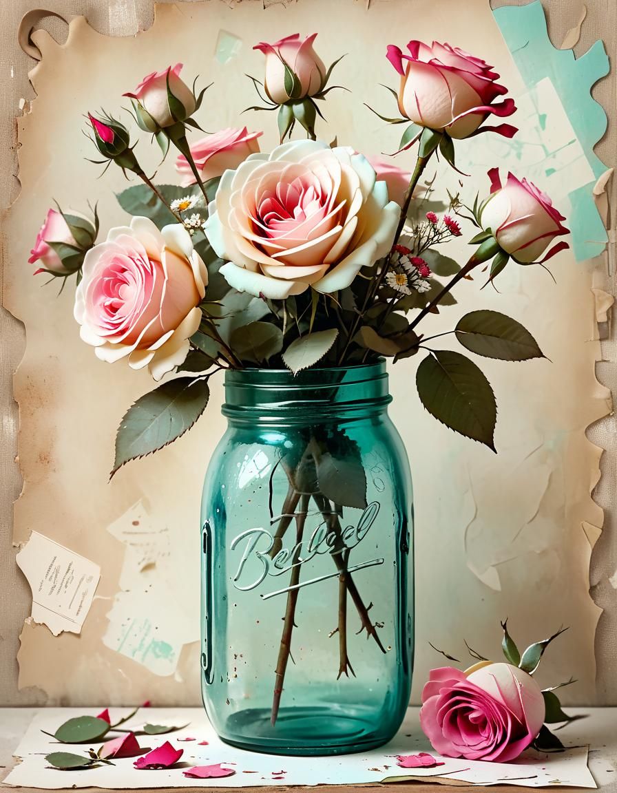 Floral Bouquet in Mason Jar: Mixed Media Still Life