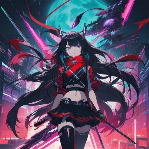 Cyborg Anime Girl with Neon Blades in Anime Style