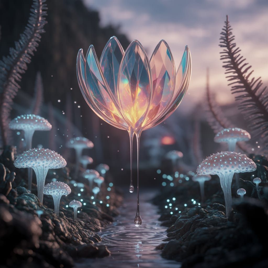 Melancholic Umbral Tear Flower in Alien Twilight Garden