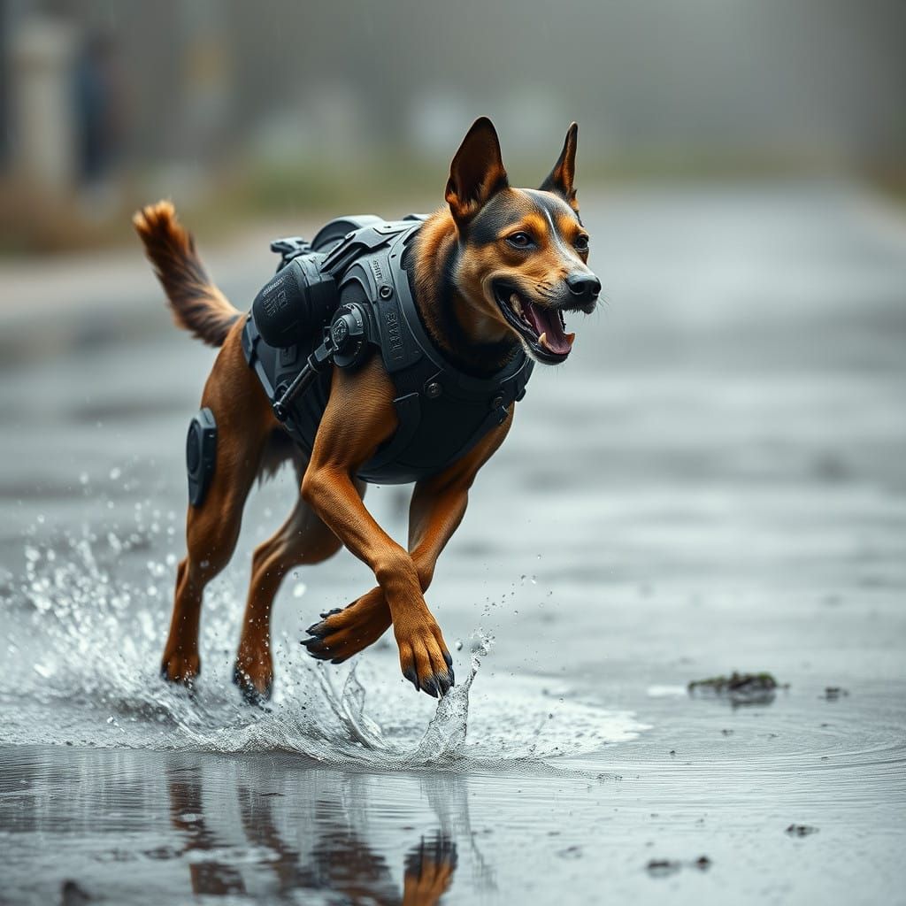 Dog Running in Futuristic Cyberpunk Style