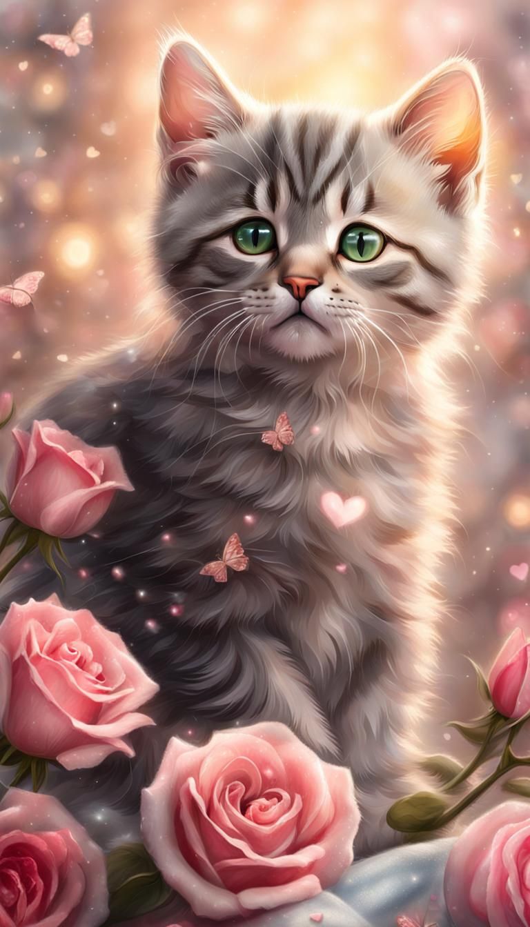 Hyperrealistic Tabby Kitten with Roses and Heart Lights