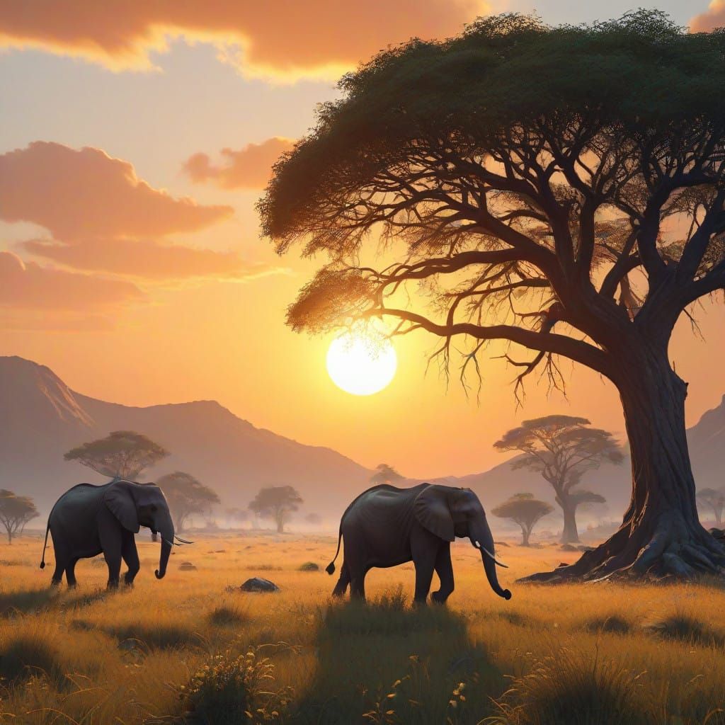 Elephants in Sunset Serenity, African Grasslands