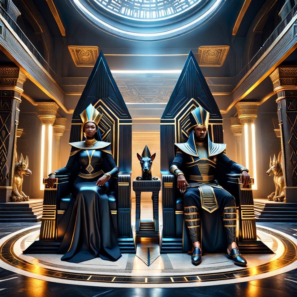 Elegant Black King and Queen in Futuristic Castle