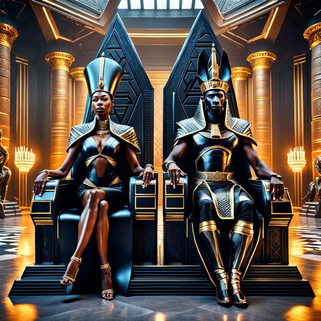 Elegant Black Royalty in Futuristic Pyramid Castle