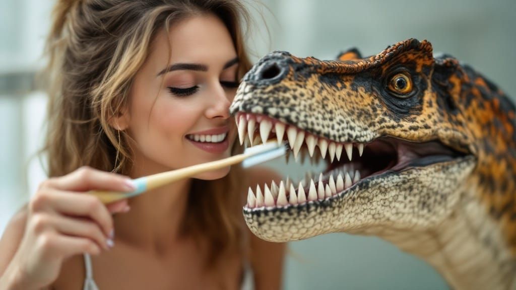 pretty woman brushing a T-Rex's teeth with a tooth brush