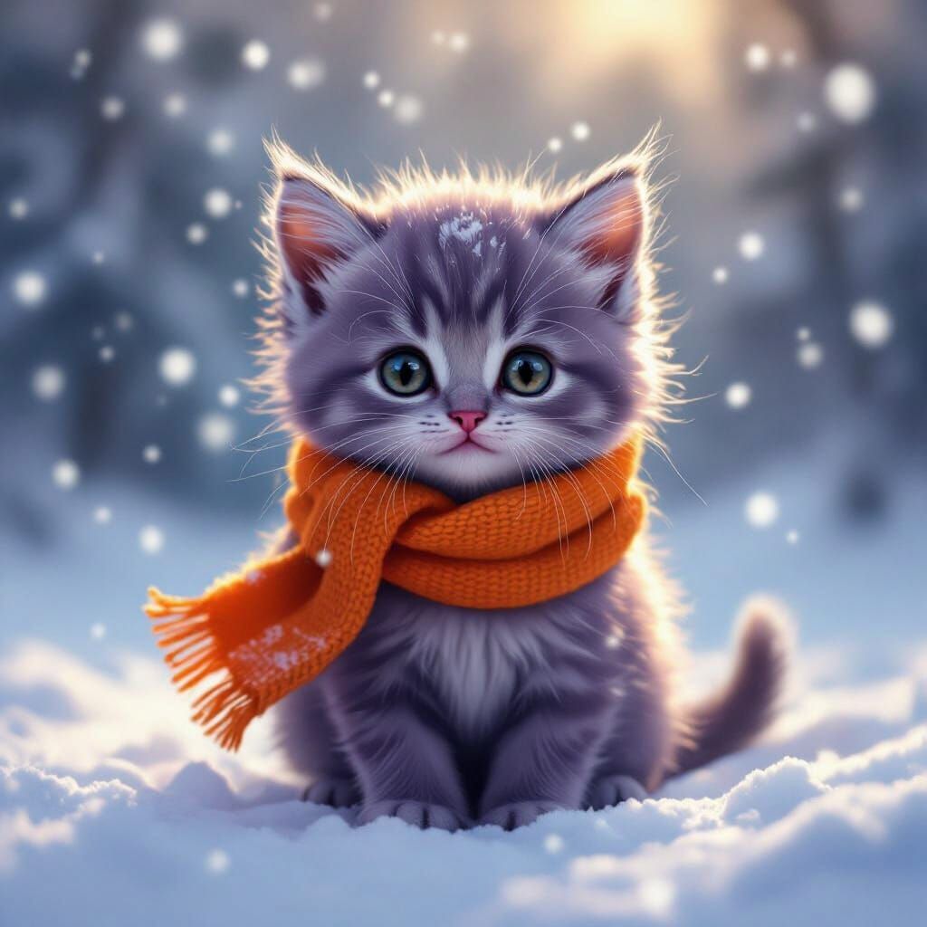 Purple Kitten Lost in Blizzard Wearing Orange Scarf