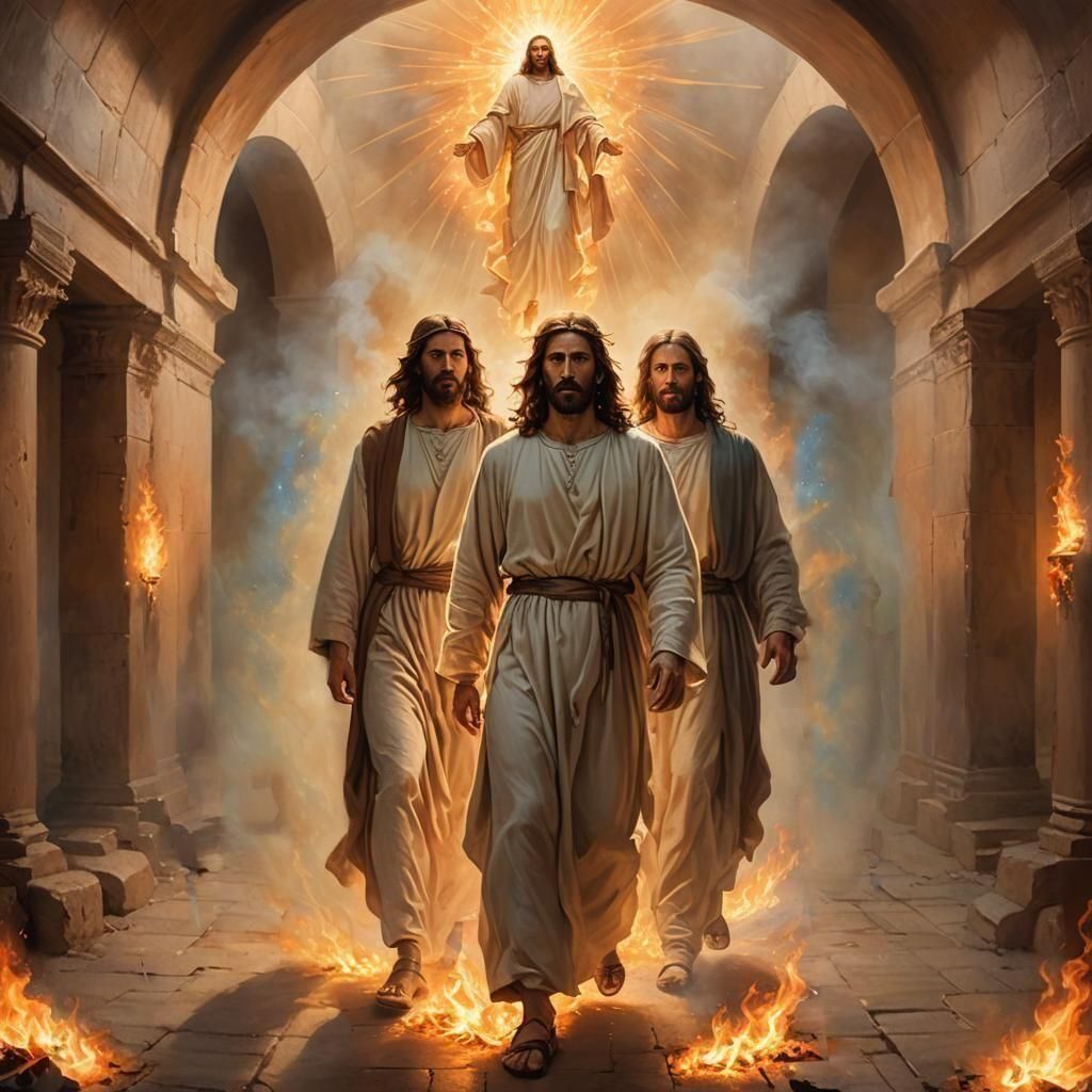 Divine Protection: Men in Burning Furnace with Godlike Figur...