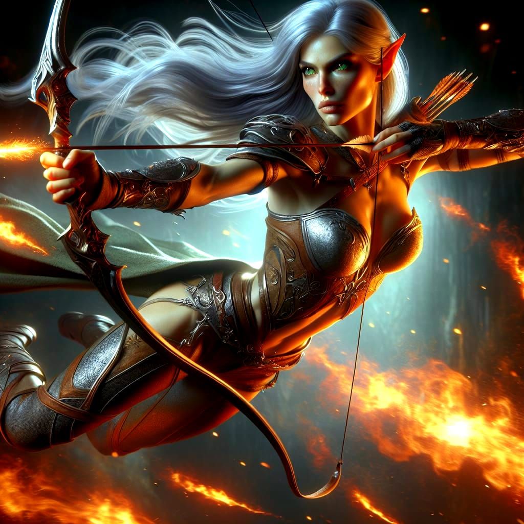 Ethereal Elven Warrior in Action, Hyper-Realistic Scene