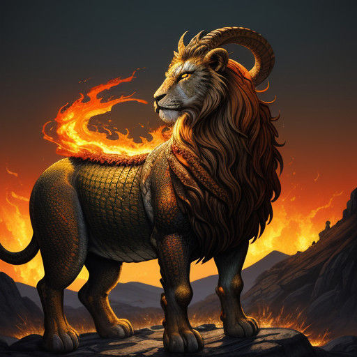 Legendary Chimera of Ancient Greece in Fiery Landscape