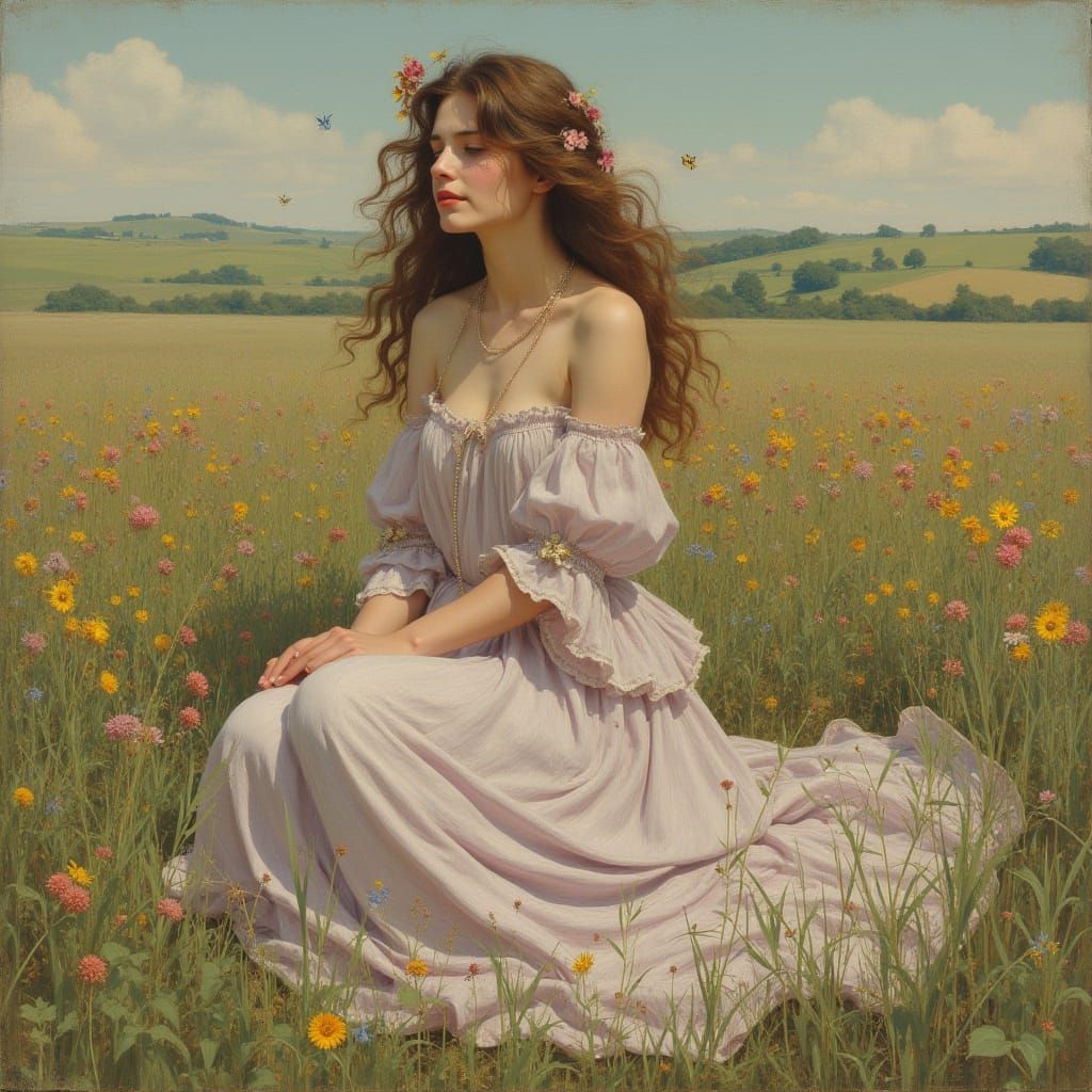 Woman in Meadow, Art Nouveau Style