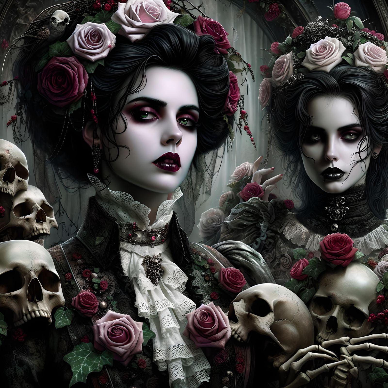 Woman, gothic, Emilie Autumn, roses, skulls, ivy, hyper real...