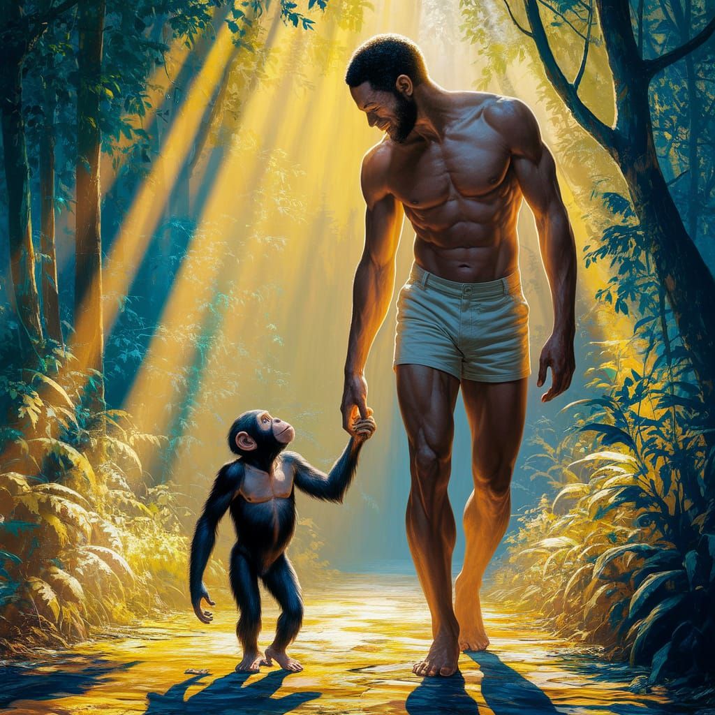 Chimpanzee and Human Bond in Jungle, Gurney Style