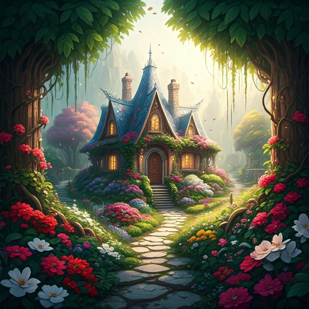 Whimsical Crystal Palace Amidst Blooming Garden