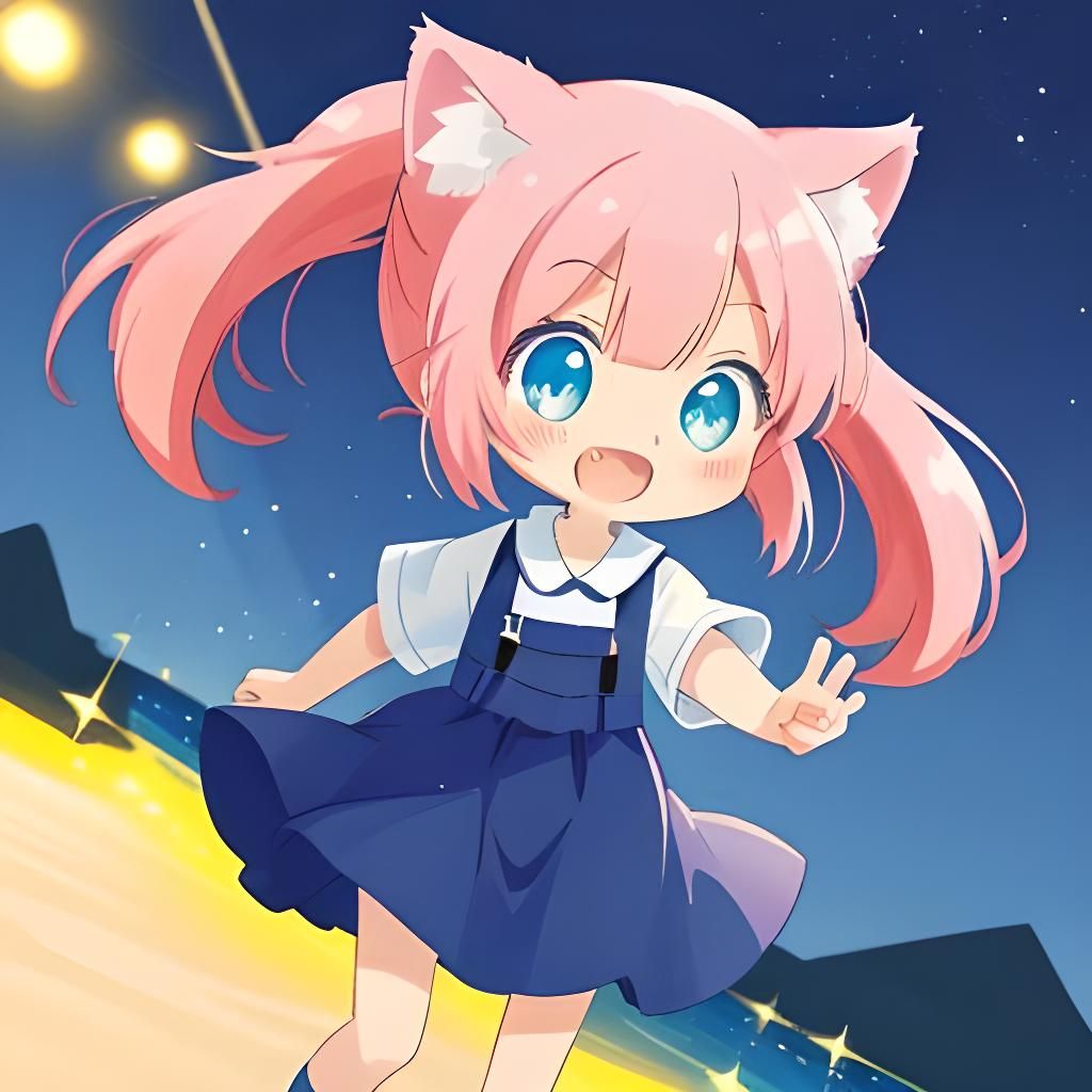 Cute Chibi Catgirl on Beach in Anime Style