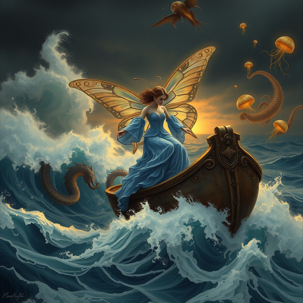Butterfly Woman on Stormy Sea, Hyper-Detailed Illustration