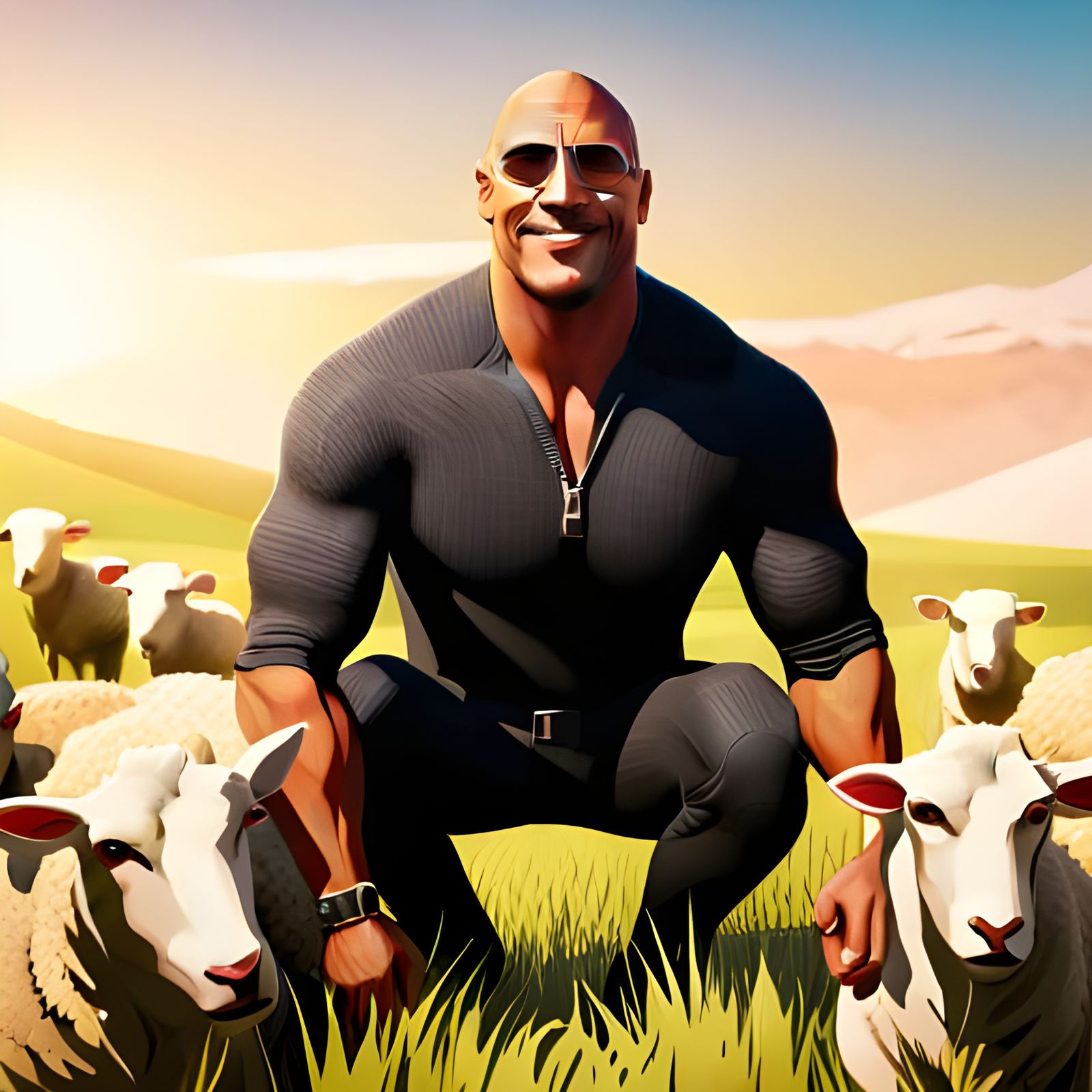 Dwayne Johnson and Sheep in Sunny Field