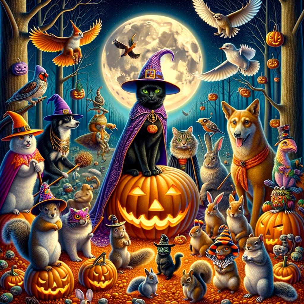 Whimsical Halloween Scene with Costumed Animals