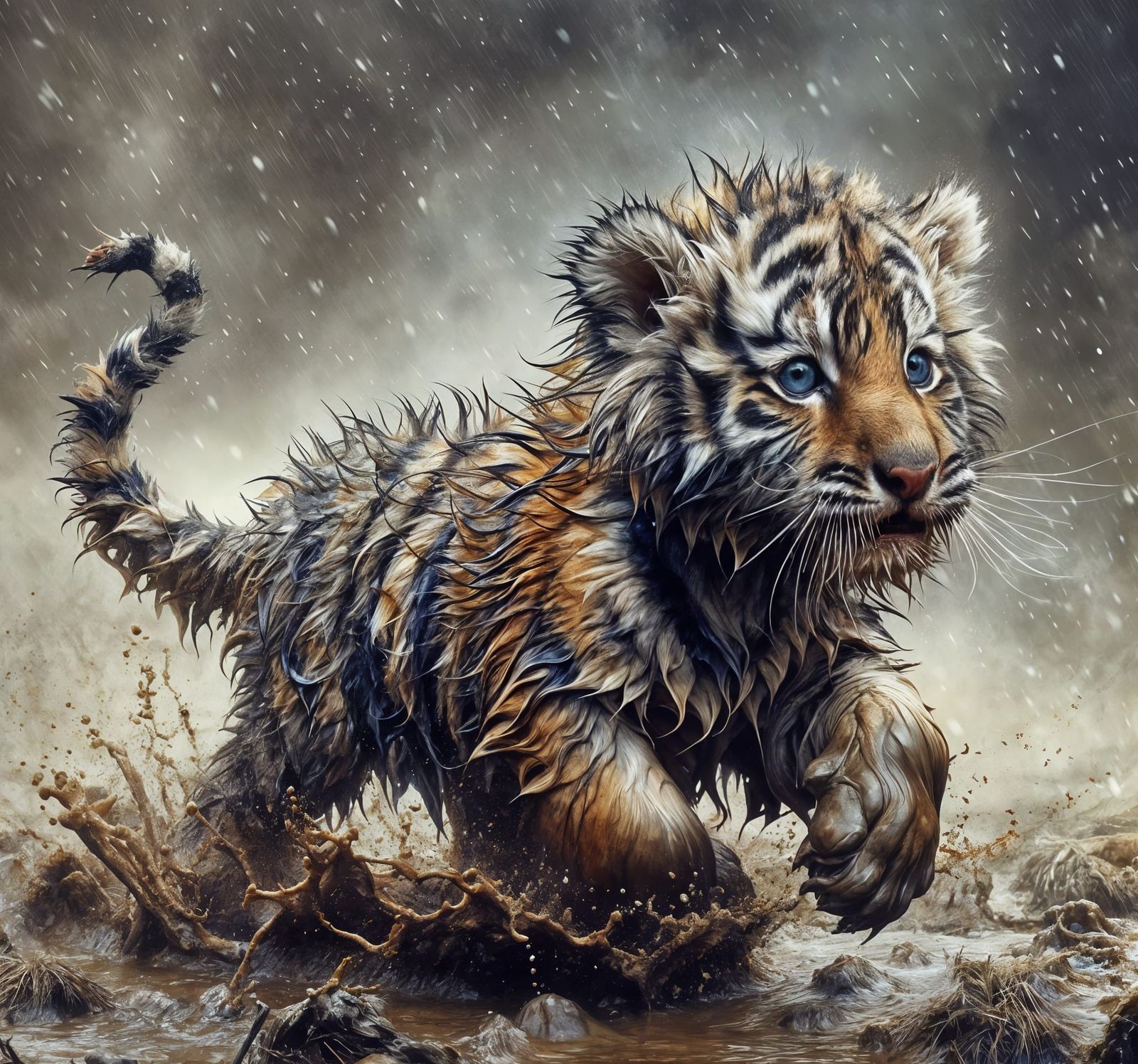 Merrymaking Tiger Cub in Stormy Field