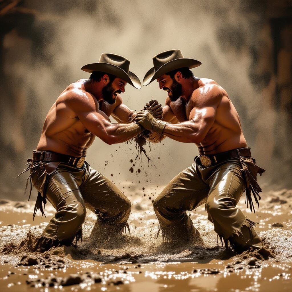 Rugged Cowboys in Fierce Mud Wrestling Match