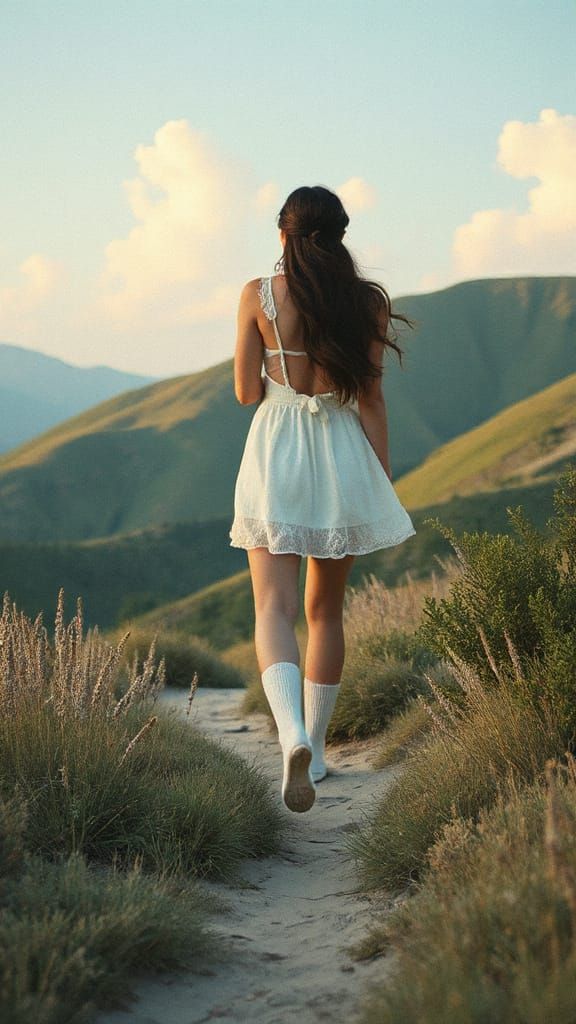 Woman Walks in Dreamy Art Nouveau Landscape