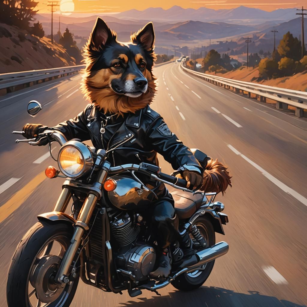 Dog Rides Motorbike at Sunset: Concept Art